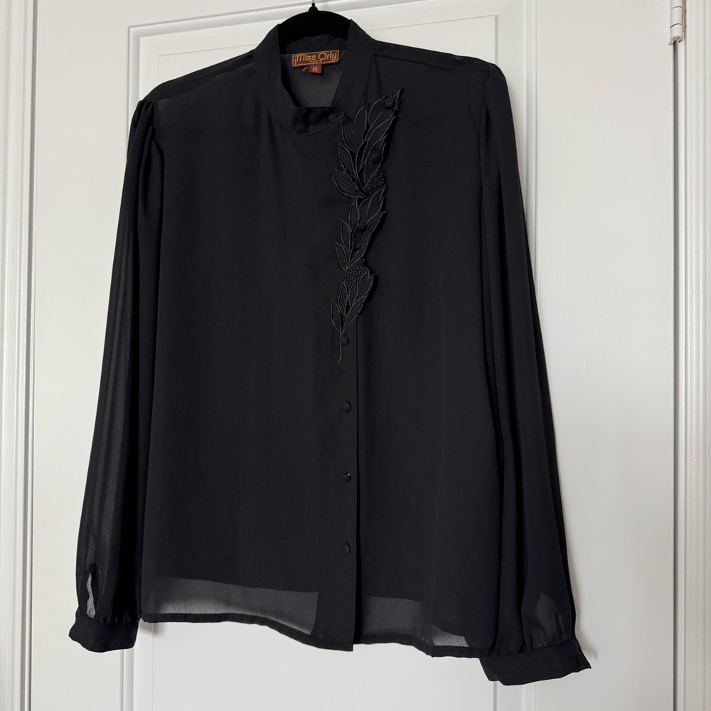 Vintage Miss Orly Paris semi sheer black blouse with embroidery, Hong Kong 13/44